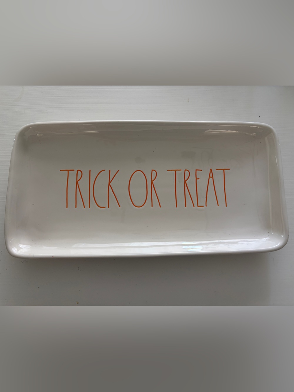 Rae Dunn Trick or Treat White Ceramic Serving Tray with Orange Lettering